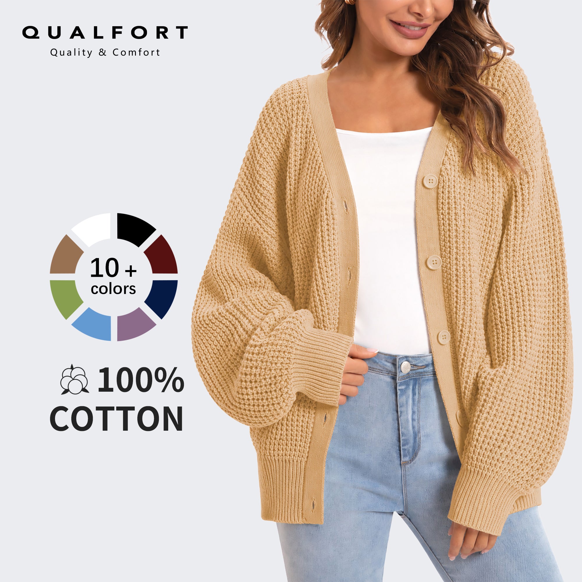 QUALFORT 100% Cotton Cardigan Sweaters for Women, V Neck Button Down Chunky Knit Cozy Relaxed Fit Sweater Cardigan - Beige