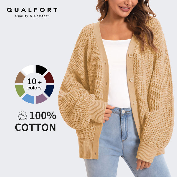QUALFORT 100% Cotton Cardigan Sweaters for Women, V Neck Button Down Chunky Knit Cozy Relaxed Fit Sweater Cardigan