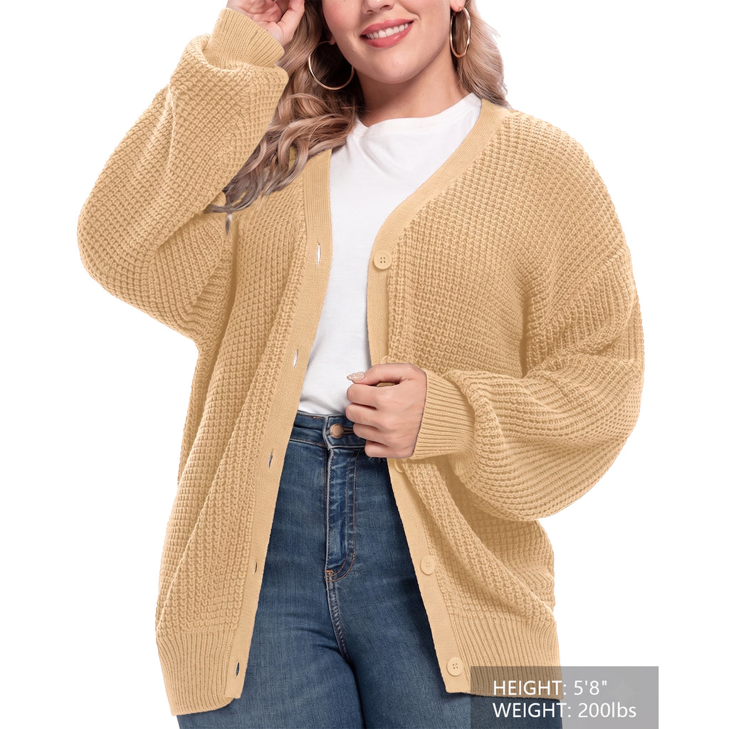 QUALFORT 100% Cotton Cardigan Sweaters for Women, V Neck Button Down Chunky Knit Cozy Relaxed Fit Sweater Cardigan - Beige