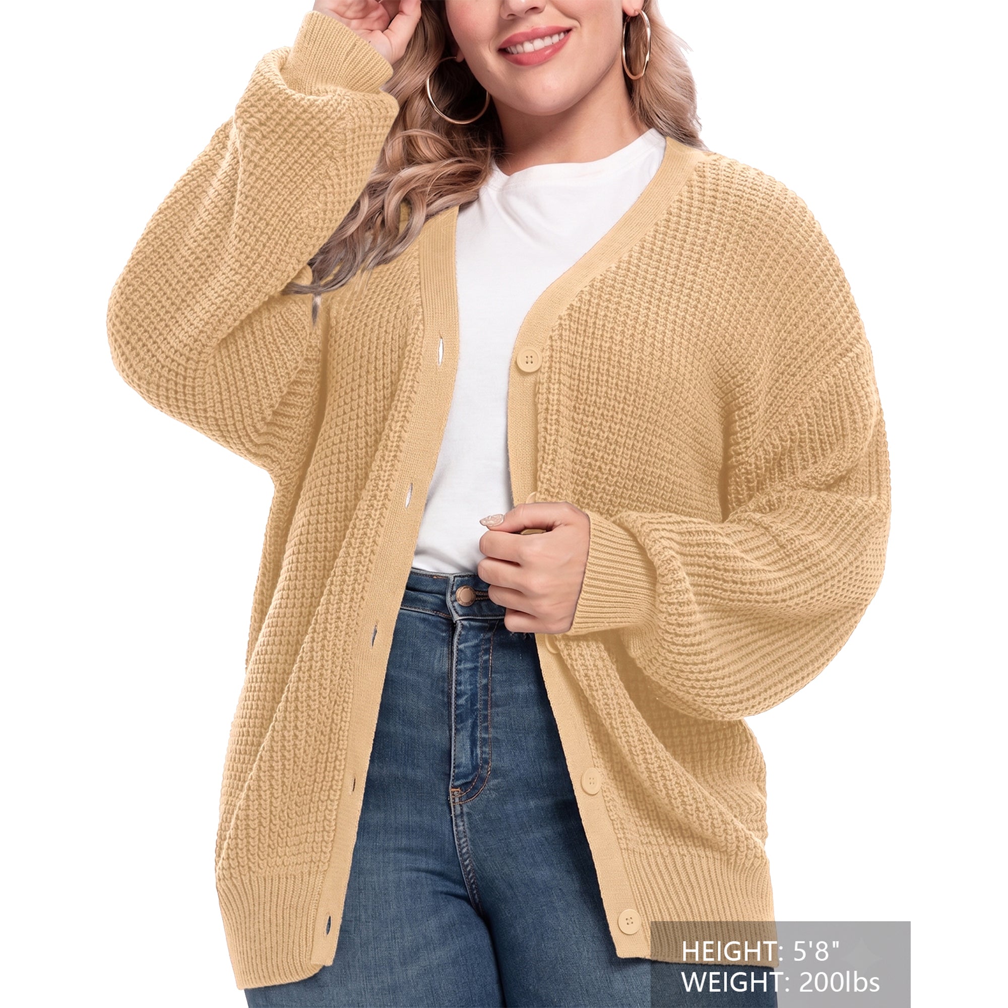 QUALFORT 100% Cotton Cardigan Sweaters for Women, V Neck Button Down Chunky Knit Cozy Relaxed Fit Sweater Cardigan - Beige