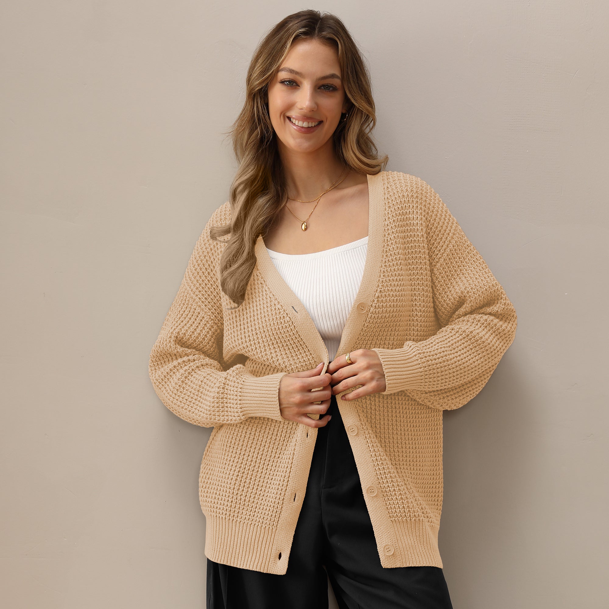 QUALFORT 100% Cotton Cardigan Sweaters for Women, V Neck Button Down Chunky Knit Cozy Relaxed Fit Sweater Cardigan - Beige
