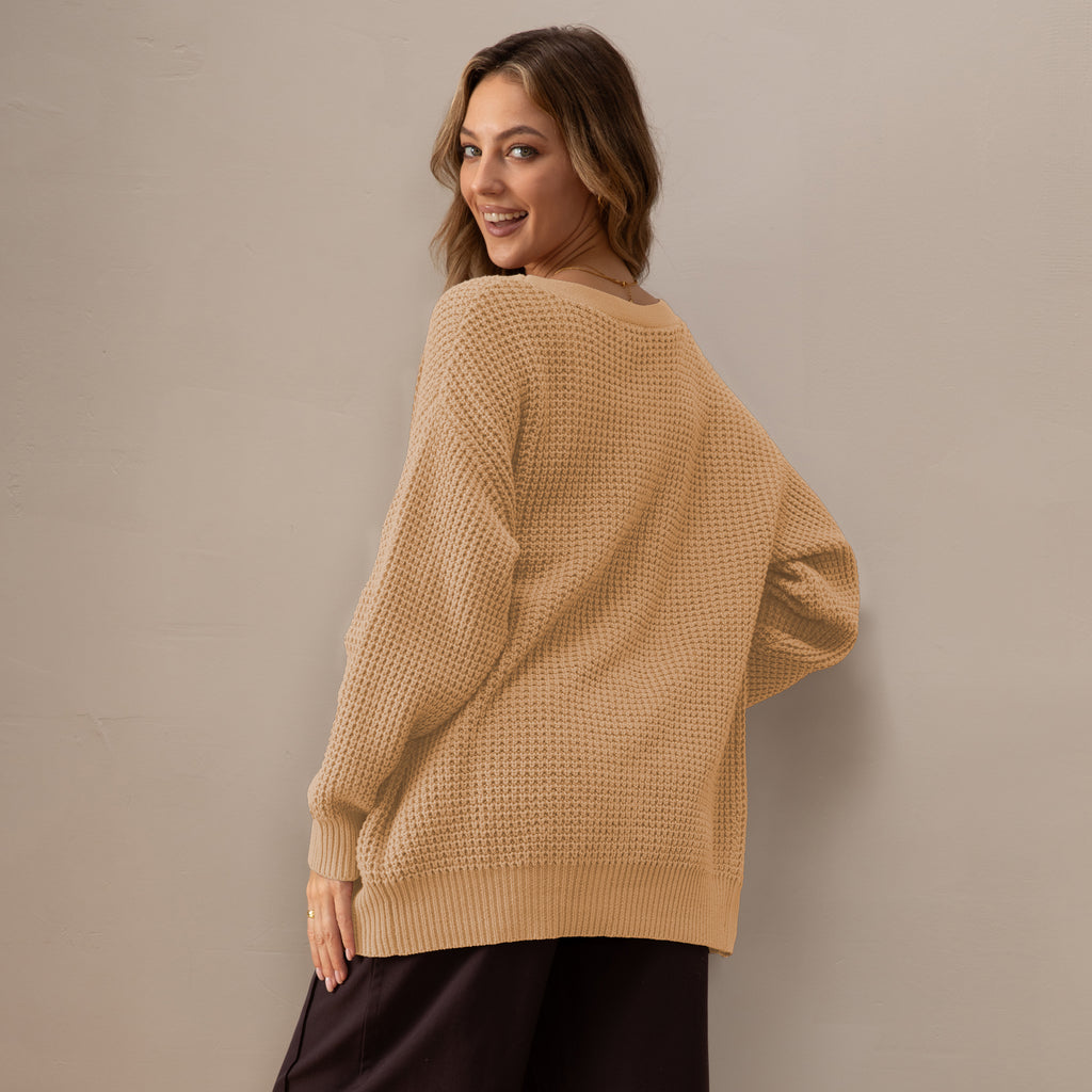 QUALFORT 100% Cotton Cardigan Sweaters for Women, V Neck Button Down Chunky Knit Cozy Relaxed Fit Sweater Cardigan - Beige