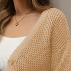 QUALFORT 100% Cotton Cardigan Sweaters for Women, V Neck Button Down Chunky Knit Cozy Relaxed Fit Sweater Cardigan - Beige