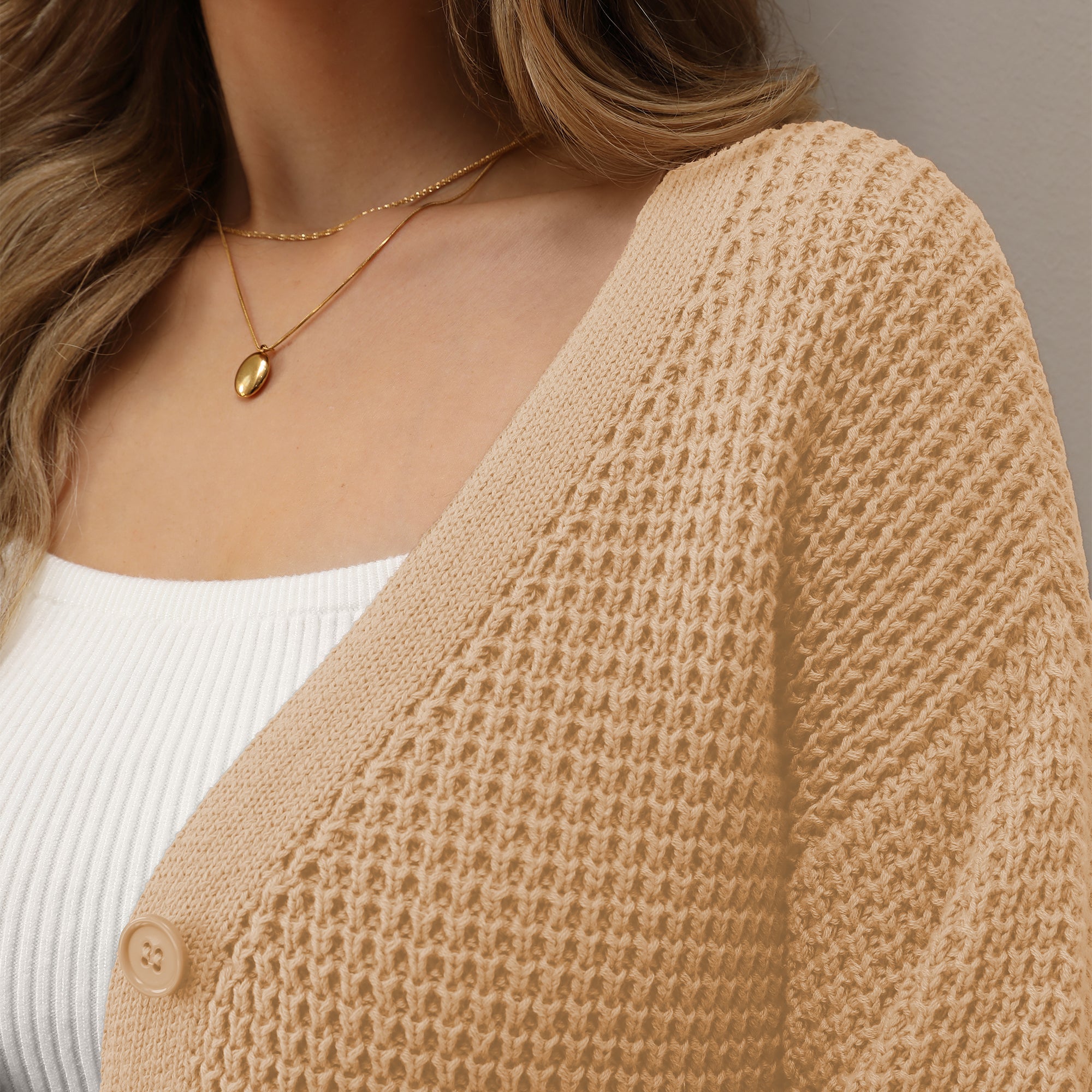 QUALFORT 100% Cotton Cardigan Sweaters for Women, V Neck Button Down Chunky Knit Cozy Relaxed Fit Sweater Cardigan - Beige