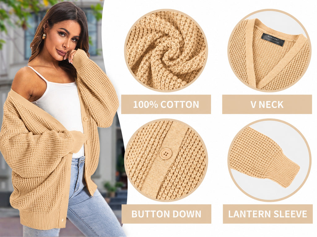 QUALFORT 100% Cotton Cardigan Sweaters for Women, V Neck Button Down Chunky Knit Cozy Relaxed Fit Sweater Cardigan - Beige