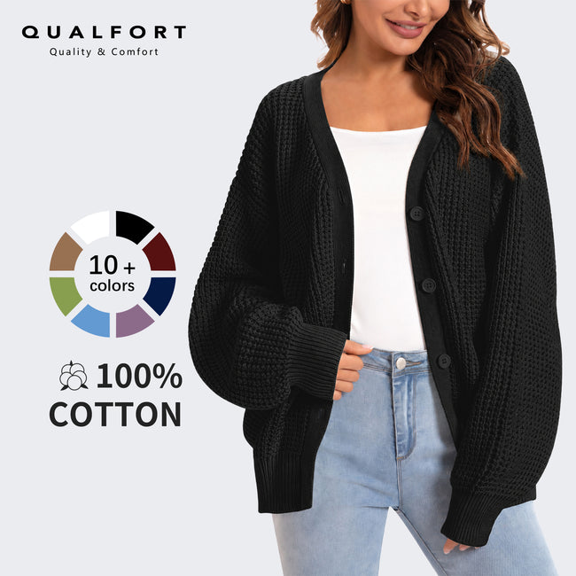QUALFORT 100% Cotton Cardigan Sweaters for Women, V Neck Button Down Chunky Knit Cozy Relaxed Fit Sweater Cardigan Main Image