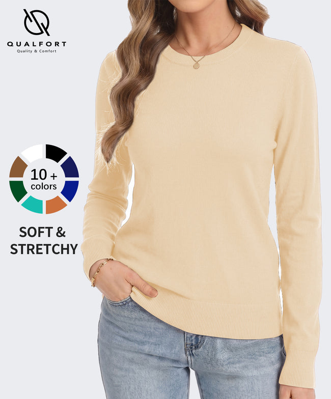 QUALFORT Women’s Crew Neck Pullover Sweater, Soft Lightweight Long Sleeve Knit Top, Solid Color Casual Sweater - Beige Hover Image