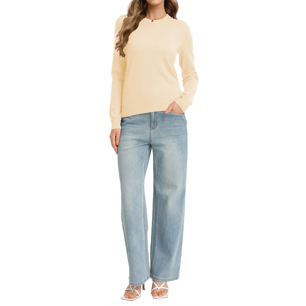 QUALFORT Women’s Crew Neck Pullover Sweater, Soft Lightweight Long Sleeve Knit Top, Solid Color Casual Sweater - Beige