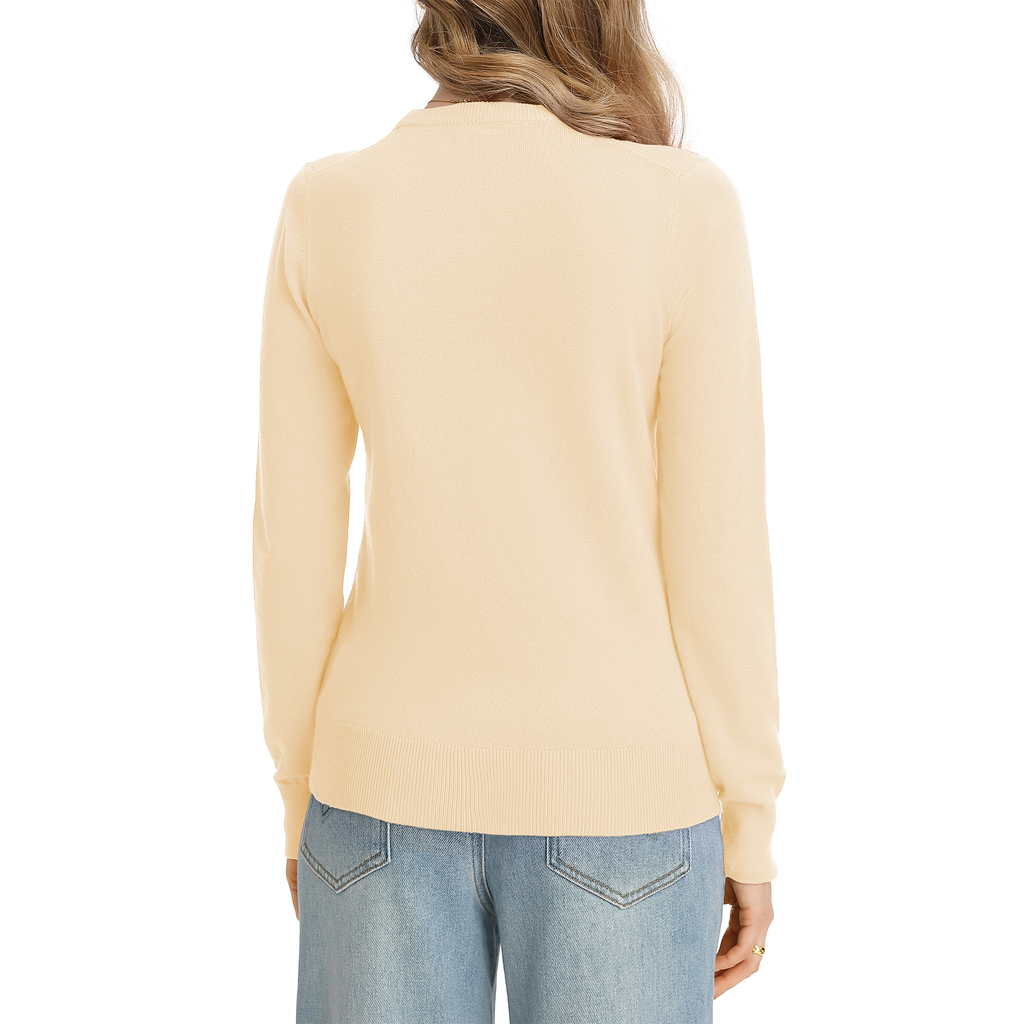 QUALFORT Women’s Crew Neck Pullover Sweater, Soft Lightweight Long Sleeve Knit Top, Solid Color Casual Sweater - Beige