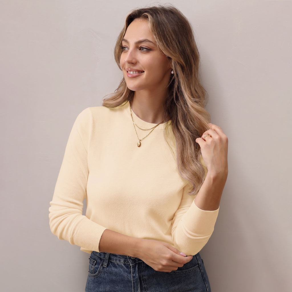 QUALFORT Women’s Crew Neck Pullover Sweater, Soft Lightweight Long Sleeve Knit Top, Solid Color Casual Sweater - Beige