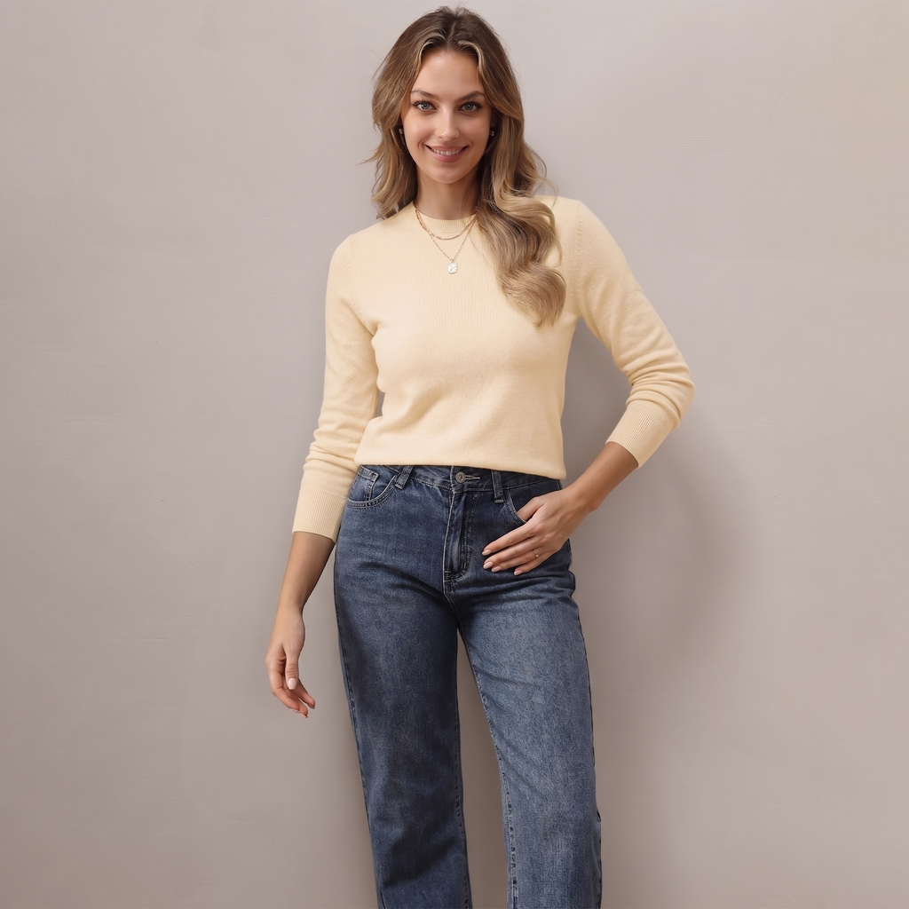 QUALFORT Women’s Crew Neck Pullover Sweater, Soft Lightweight Long Sleeve Knit Top, Solid Color Casual Sweater - Beige