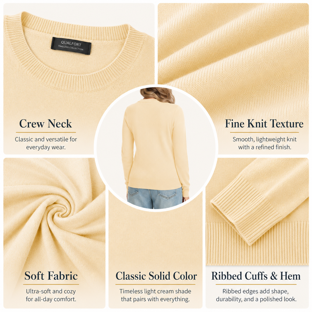 QUALFORT Women’s Crew Neck Pullover Sweater, Soft Lightweight Long Sleeve Knit Top, Solid Color Casual Sweater - Beige