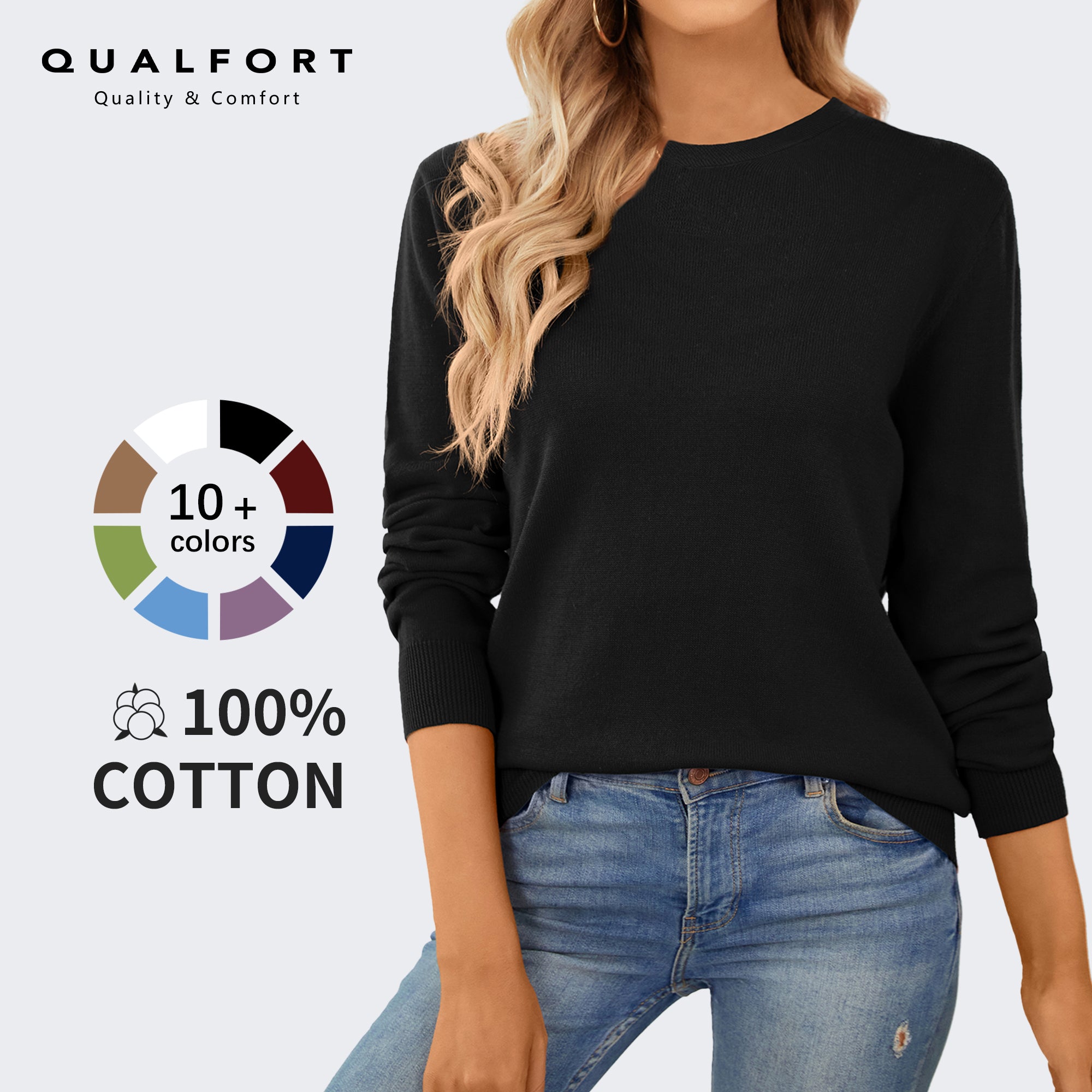 QUALFORT Women's 100% Cotton Pullover Sweater, Crew Neck Long Sleeve Lightweight Sweater for Women, Soft Classic Solid Color Knit Top - Black