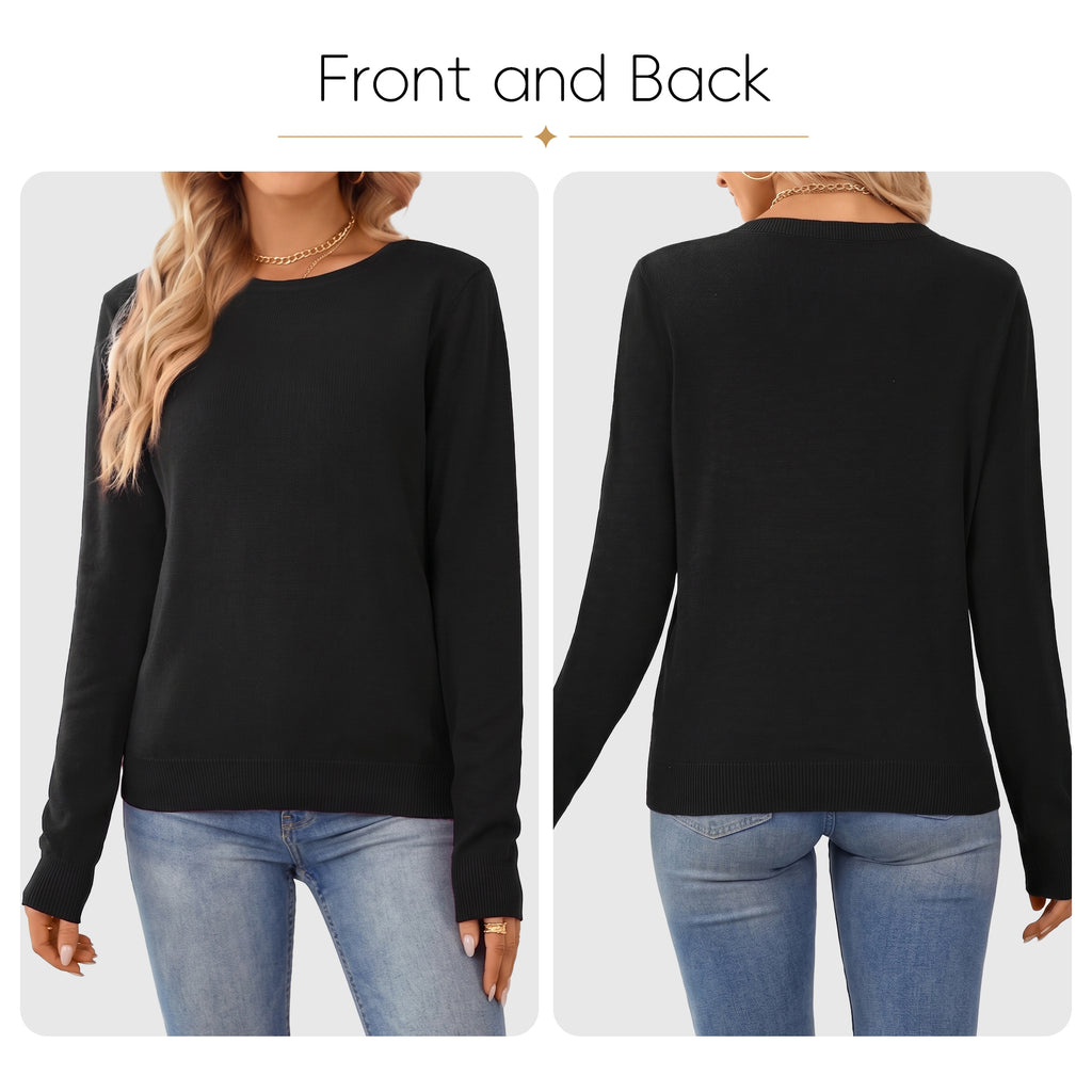 QUALFORT Women's 100% Cotton Pullover Sweater, Crew Neck Long Sleeve Lightweight Sweater for Women, Soft Classic Solid Color Knit Top - Black