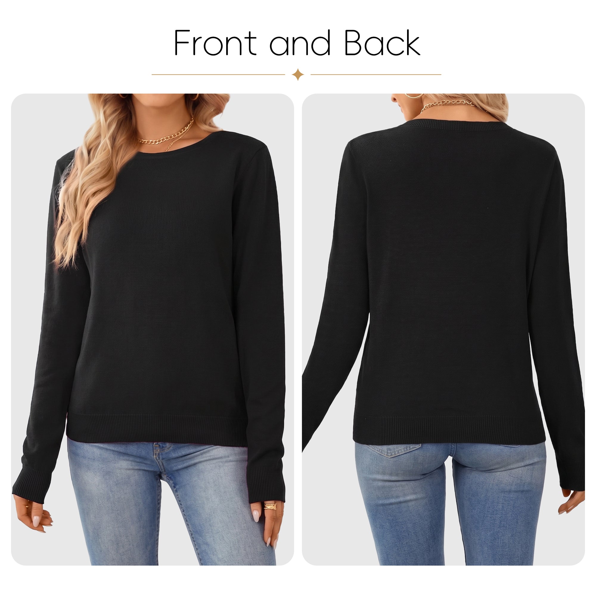 QUALFORT Women's 100% Cotton Pullover Sweater, Crew Neck Long Sleeve Lightweight Sweater for Women, Soft Classic Solid Color Knit Top - Black