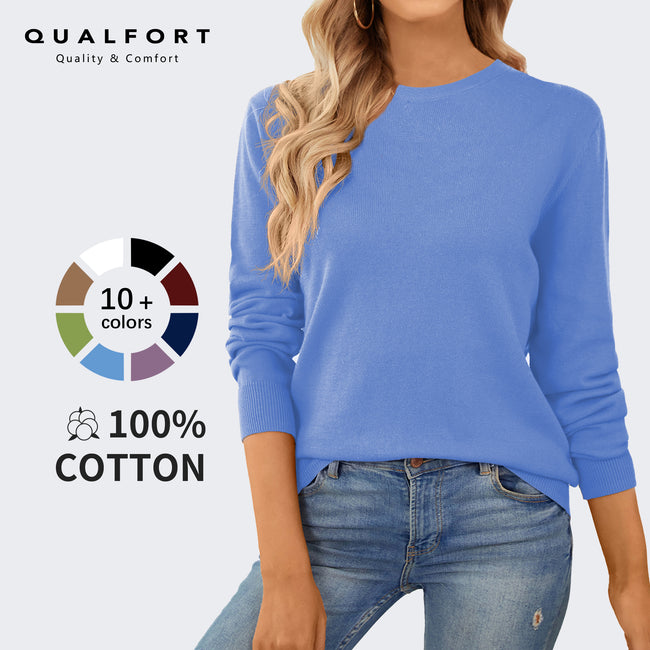 QUALFORT Women's 100% Cotton Pullover Sweater, Crew Neck Long Sleeve Lightweight Sweater for Women, Soft Classic Solid Color Knit Top Main Image
