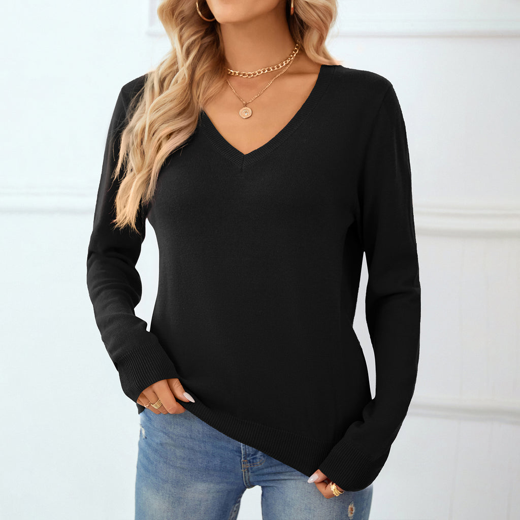 QUALFORT Women's 100% Cotton V-Neck Pullover Sweater, Long Sleeve Lightweight Sweater for Women, Soft Classic Solid Color Knit Sweater Top - Black