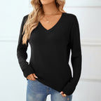 QUALFORT Women's 100% Cotton V-Neck Pullover Sweater, Long Sleeve Lightweight Sweater for Women, Soft Classic Solid Color Knit Sweater Top - Black