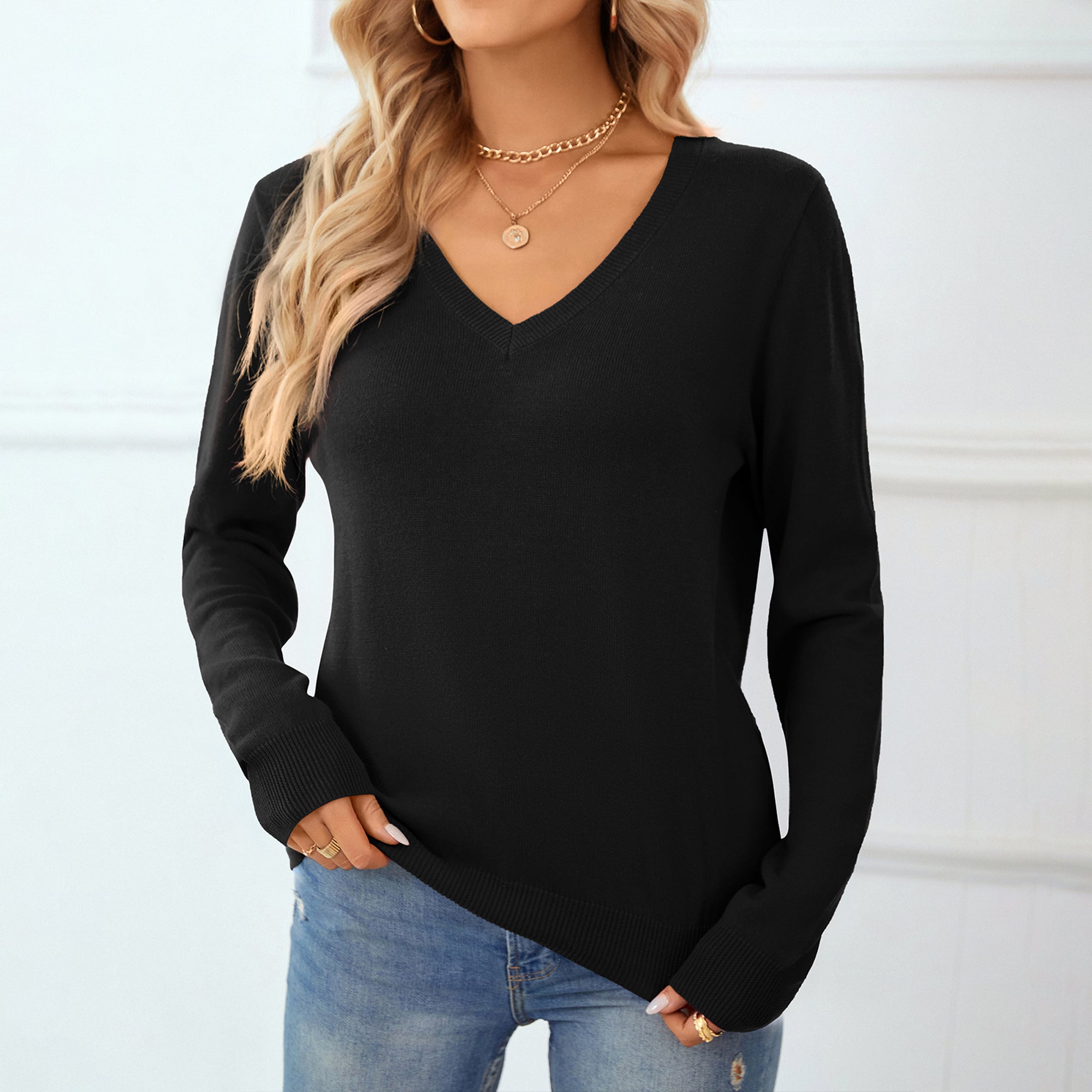 QUALFORT Women's 100% Cotton V-Neck Pullover Sweater, Long Sleeve Lightweight Sweater for Women, Soft Classic Solid Color Knit Sweater Top - Black
