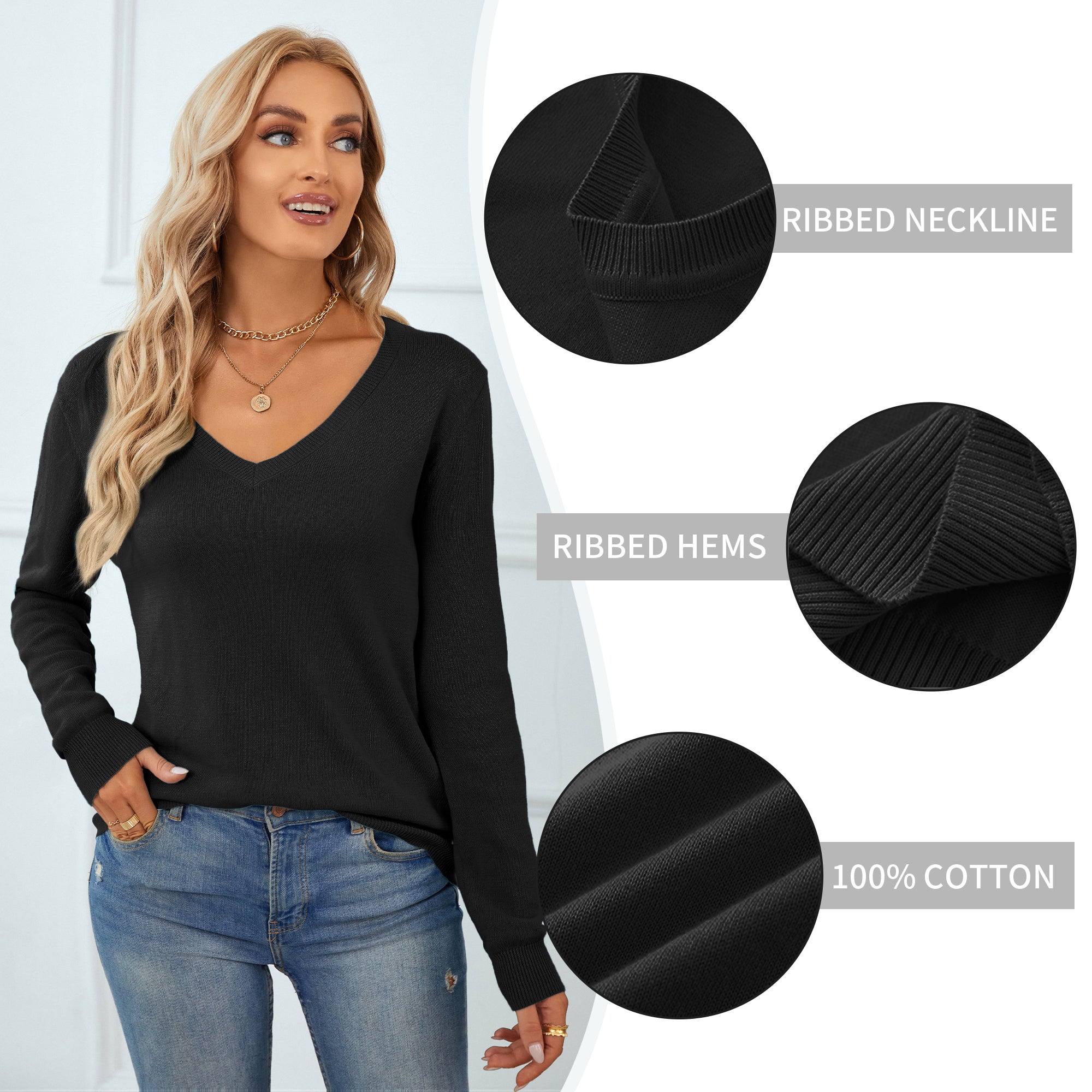 QUALFORT Women's 100% Cotton V-Neck Pullover Sweater, Long Sleeve Lightweight Sweater for Women, Soft Classic Solid Color Knit Sweater Top - Black
