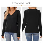 QUALFORT Women's 100% Cotton V-Neck Pullover Sweater, Long Sleeve Lightweight Sweater for Women, Soft Classic Solid Color Knit Sweater Top - Black