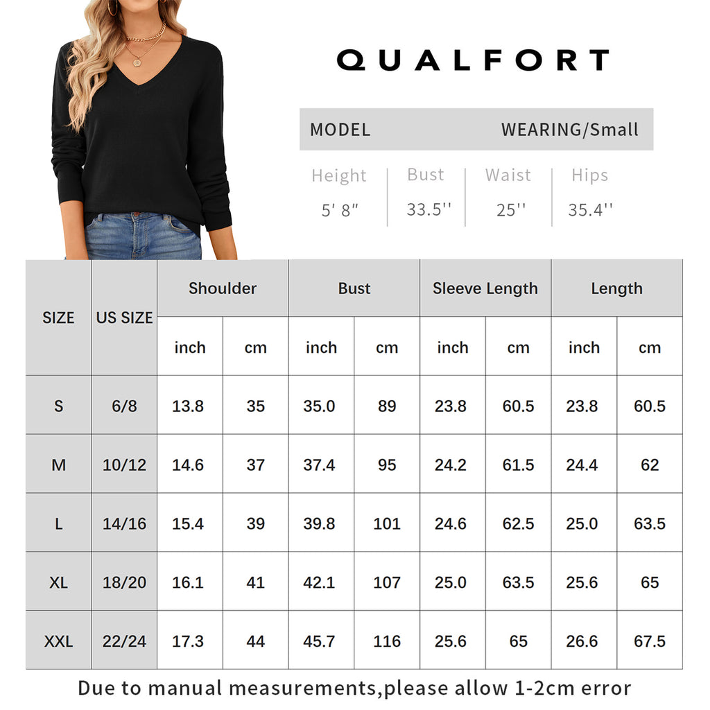 QUALFORT Women's 100% Cotton V-Neck Pullover Sweater, Long Sleeve Lightweight Sweater for Women, Soft Classic Solid Color Knit Sweater Top - Black