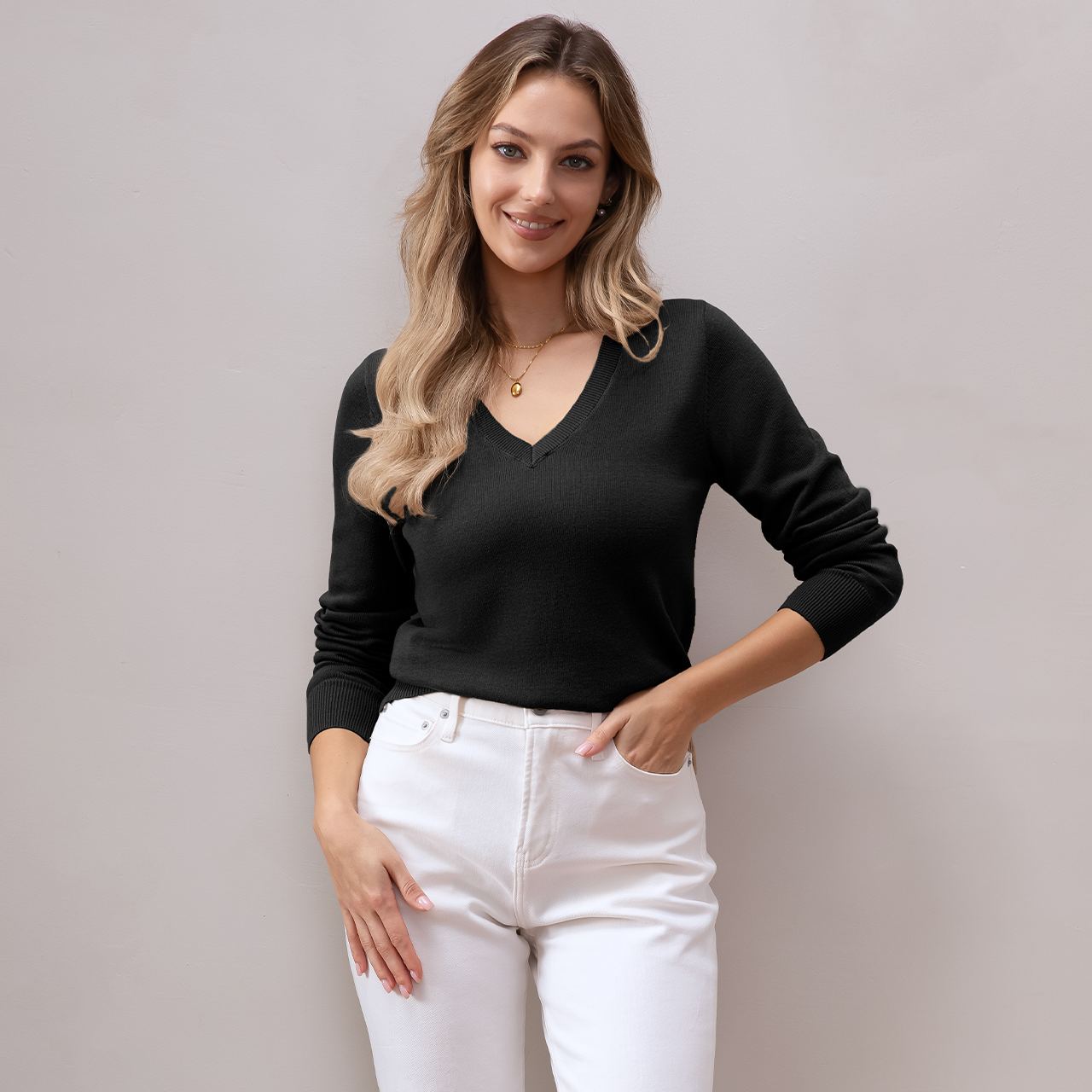 QUALFORT Women's 100% Cotton V-Neck Pullover Sweater, Long Sleeve Lightweight Sweater for Women, Soft Classic Solid Color Knit Sweater Top - Black