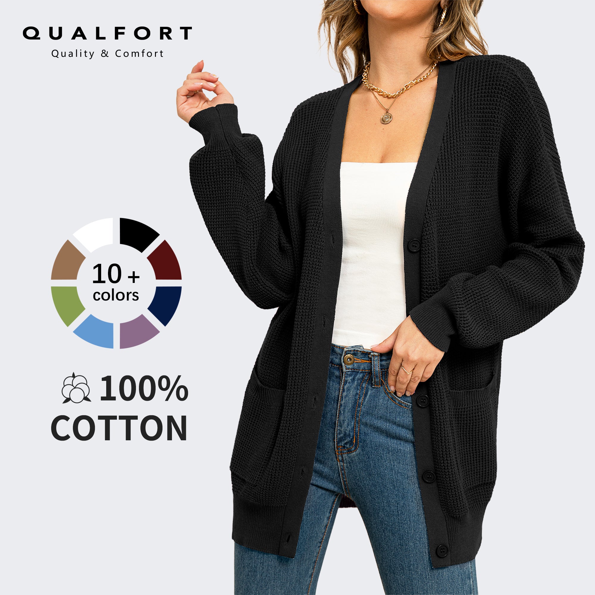QUALFORT Women's 100% Cotton Cardigan Sweater, Oversized Long Sleeve Knit Button Front Cardigan with Pockets - Black