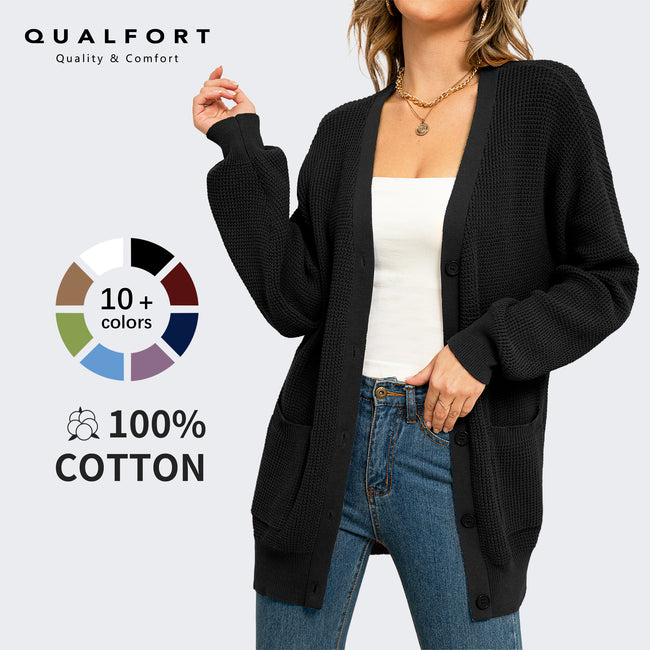 QUALFORT Women's 100% Cotton Cardigan Sweater, Oversized Long Sleeve Knit Button Front Cardigan with Pockets - Black Hover Image