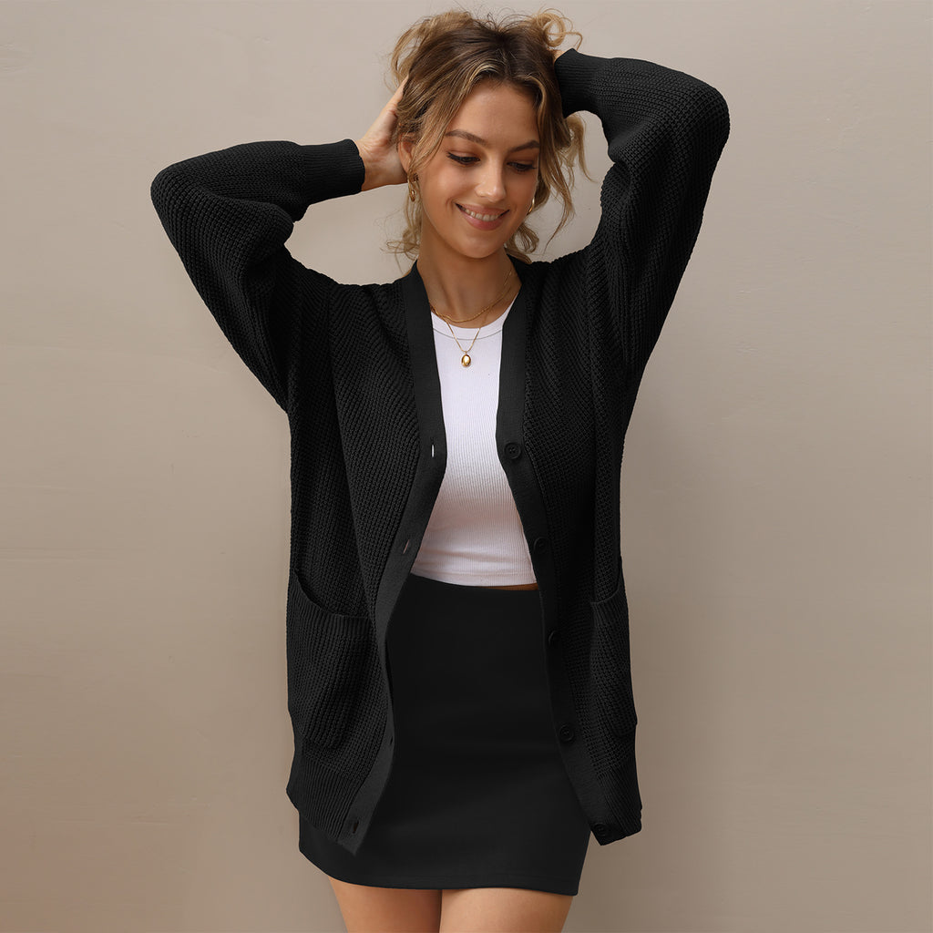 QUALFORT Women's 100% Cotton Cardigan Sweater, Oversized Long Sleeve Knit Button Front Cardigan with Pockets - Black