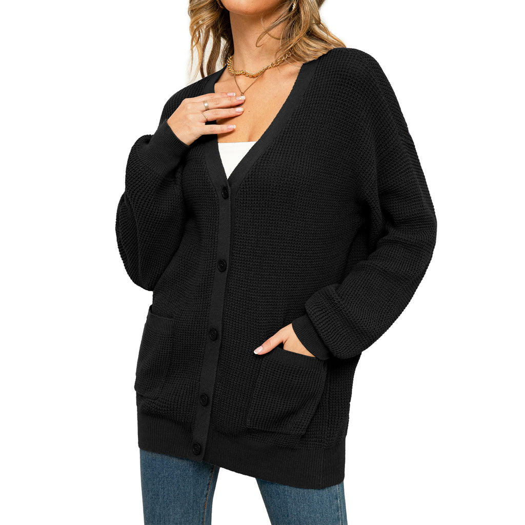 QUALFORT Women's 100% Cotton Cardigan Sweater, Oversized Long Sleeve Knit Button Front Cardigan with Pockets - Black
