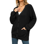 QUALFORT Women's 100% Cotton Cardigan Sweater, Oversized Long Sleeve Knit Button Front Cardigan with Pockets - Black