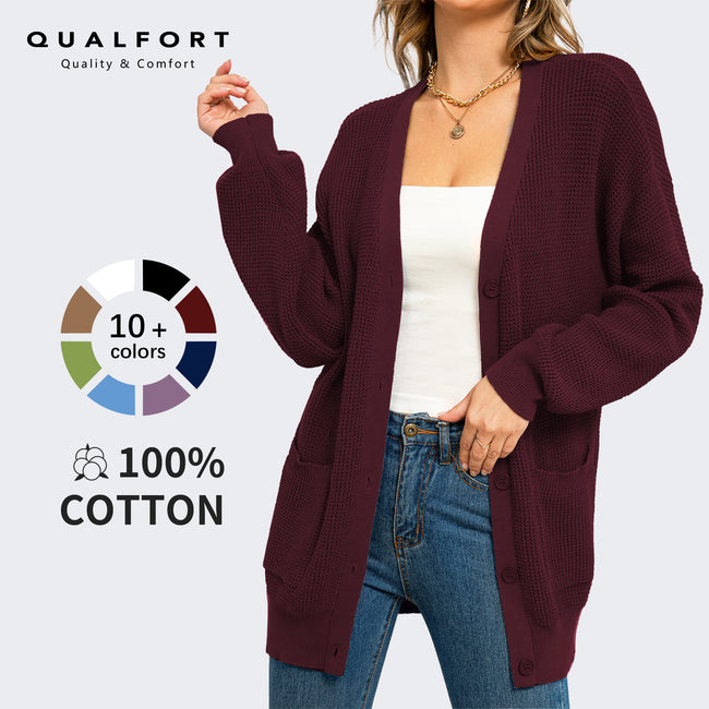 QUALFORT Women's 100% Cotton Cardigan Sweater, Oversized Long Sleeve Knit Button Front Cardigan with Pockets Main Image