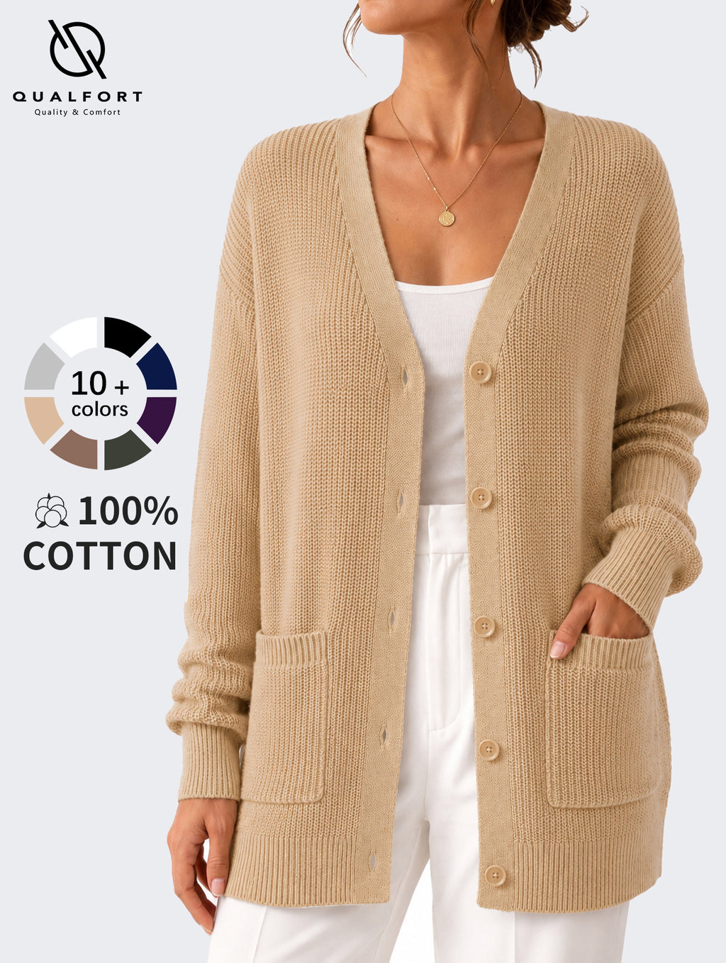 QUALFORT Cardigan Sweaters for Women, 100% Cotton Cardigan, V Neck Button Front Knit Sweater with Pockets, Long Sleeve Relaxed Fit Cardigan - Beige