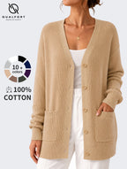 QUALFORT Cardigan Sweaters for Women, 100% Cotton Cardigan, V Neck Button Front Knit Sweater with Pockets, Long Sleeve Relaxed Fit Cardigan - Beige