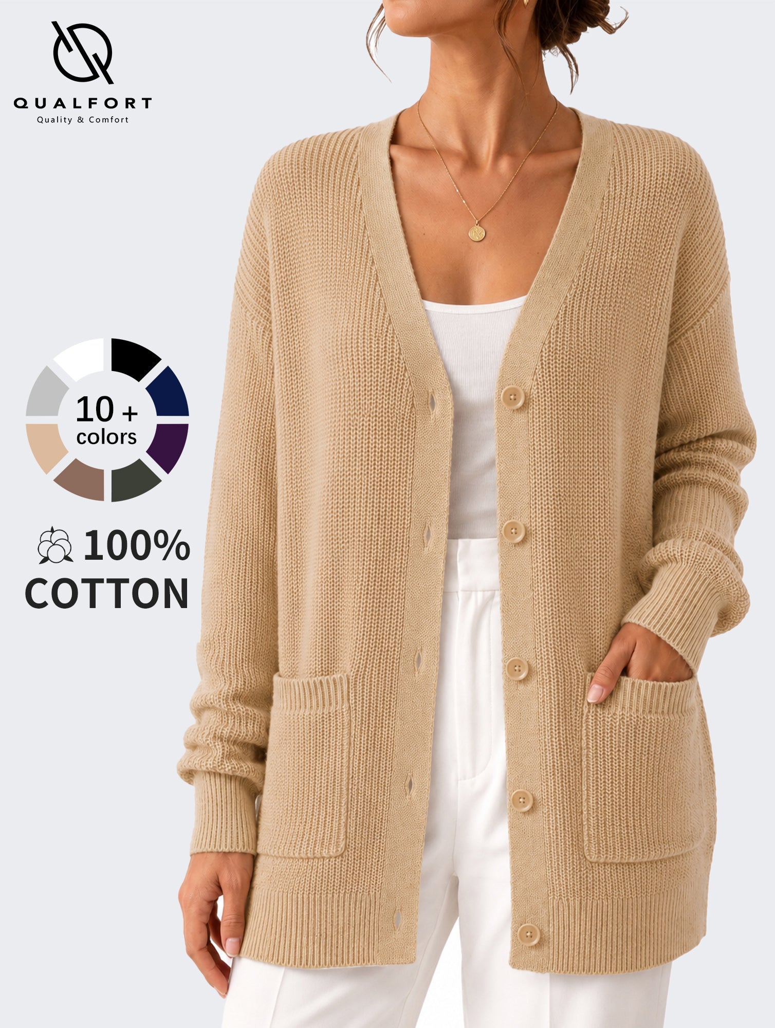QUALFORT Cardigan Sweaters for Women, 100% Cotton Cardigan, V Neck Button Front Knit Sweater with Pockets, Long Sleeve Relaxed Fit Cardigan - Beige