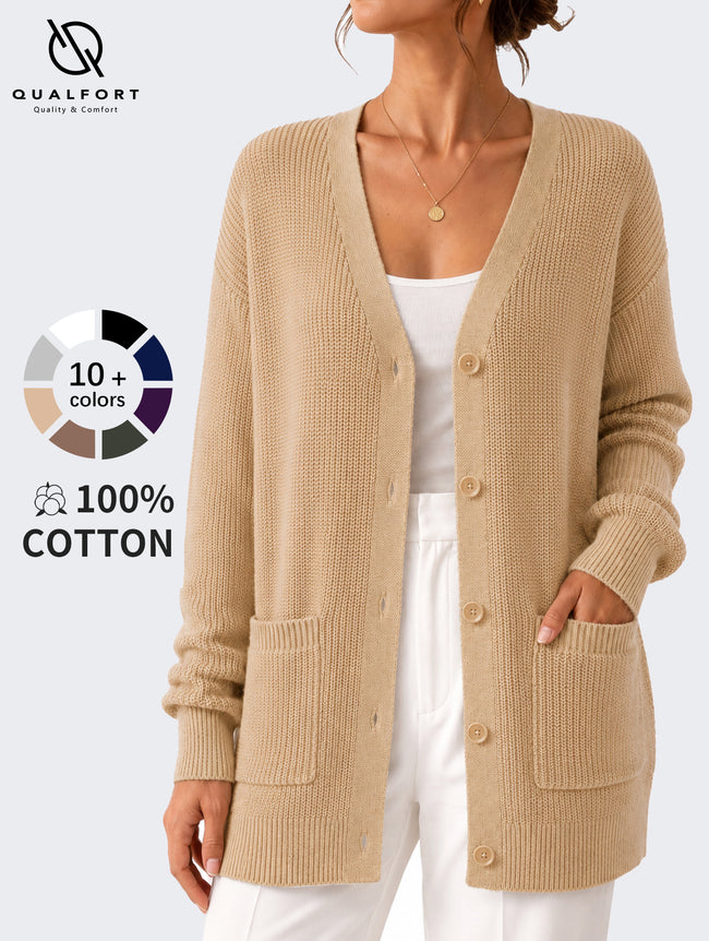 QUALFORT Cardigan Sweaters for Women, 100% Cotton Cardigan, V Neck Button Front Knit Sweater with Pockets, Long Sleeve Relaxed Fit Cardigan - Beige Hover Image