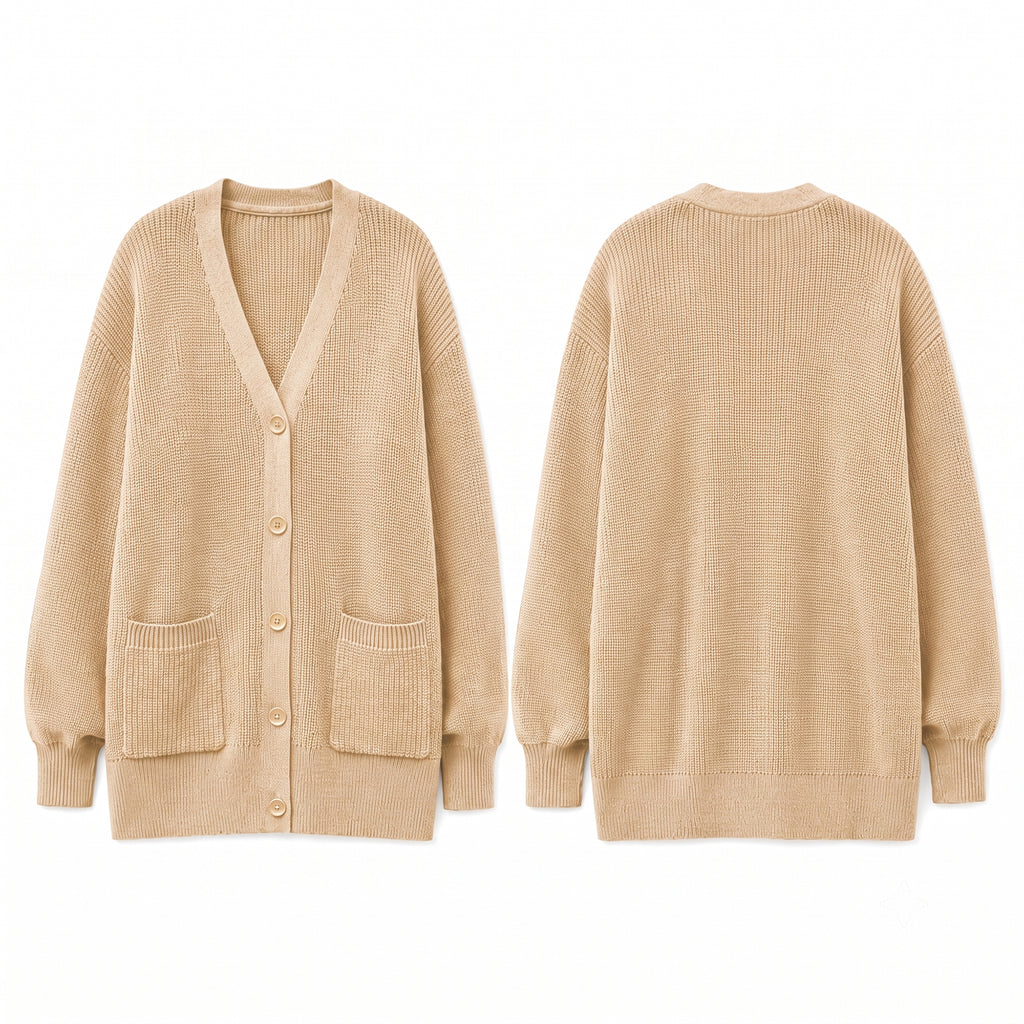 QUALFORT Cardigan Sweaters for Women, 100% Cotton Cardigan, V Neck Button Front Knit Sweater with Pockets, Long Sleeve Relaxed Fit Cardigan - Beige