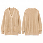 QUALFORT Cardigan Sweaters for Women, 100% Cotton Cardigan, V Neck Button Front Knit Sweater with Pockets, Long Sleeve Relaxed Fit Cardigan - Beige
