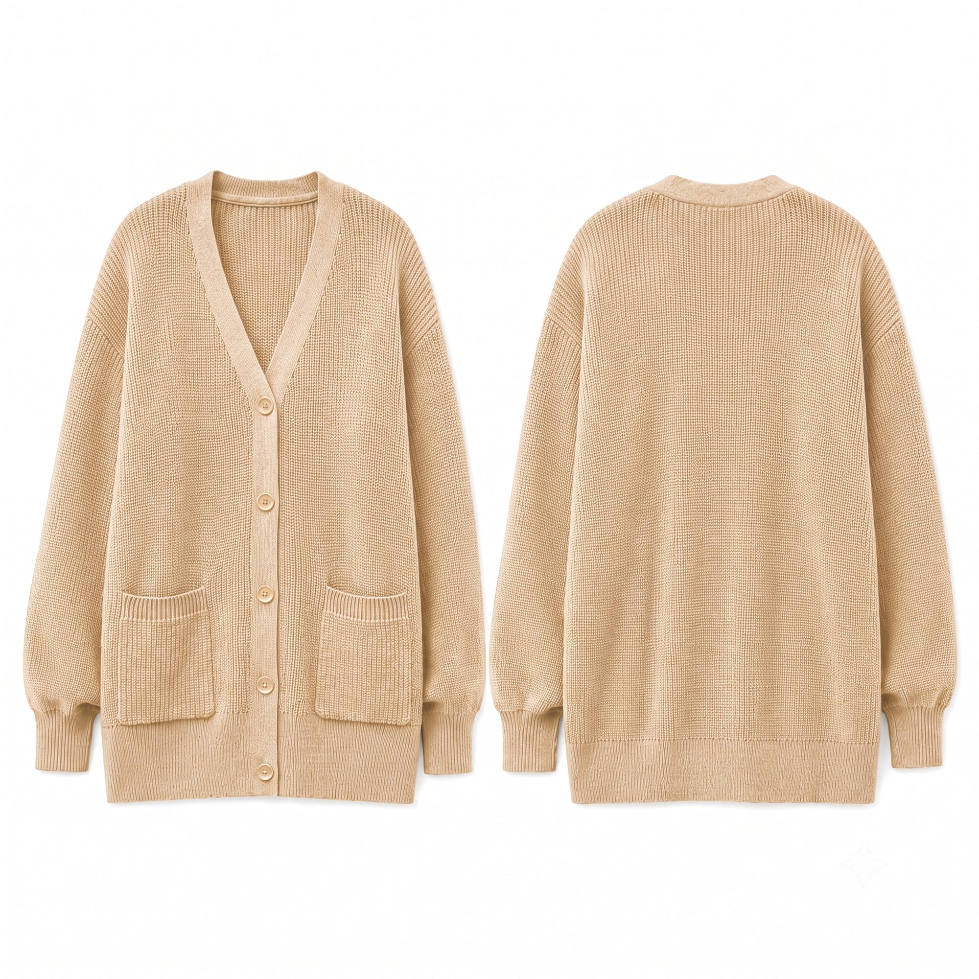 QUALFORT Cardigan Sweaters for Women, 100% Cotton Cardigan, V Neck Button Front Knit Sweater with Pockets, Long Sleeve Relaxed Fit Cardigan - Beige