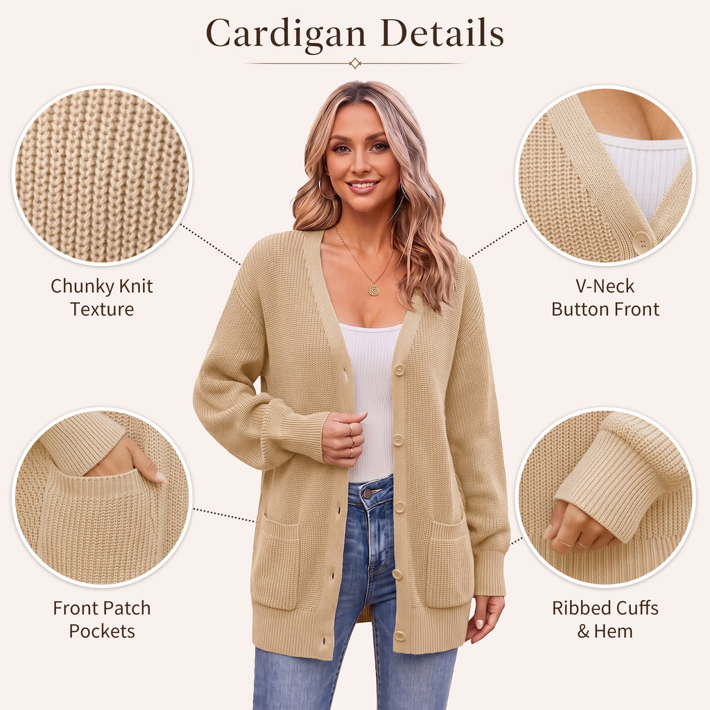 QUALFORT Cardigan Sweaters for Women, 100% Cotton Cardigan, V Neck Button Front Knit Sweater with Pockets, Long Sleeve Relaxed Fit Cardigan - Beige