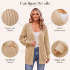 QUALFORT Cardigan Sweaters for Women, 100% Cotton Cardigan, V Neck Button Front Knit Sweater with Pockets, Long Sleeve Relaxed Fit Cardigan - Beige