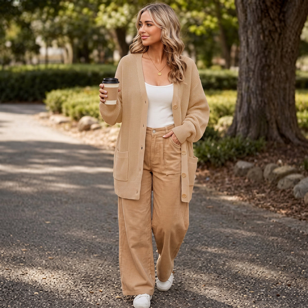 QUALFORT Cardigan Sweaters for Women, 100% Cotton Cardigan, V Neck Button Front Knit Sweater with Pockets, Long Sleeve Relaxed Fit Cardigan - Beige