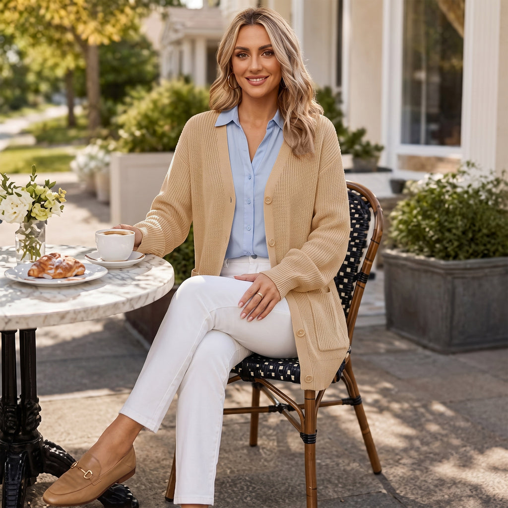 QUALFORT Cardigan Sweaters for Women, 100% Cotton Cardigan, V Neck Button Front Knit Sweater with Pockets, Long Sleeve Relaxed Fit Cardigan - Beige