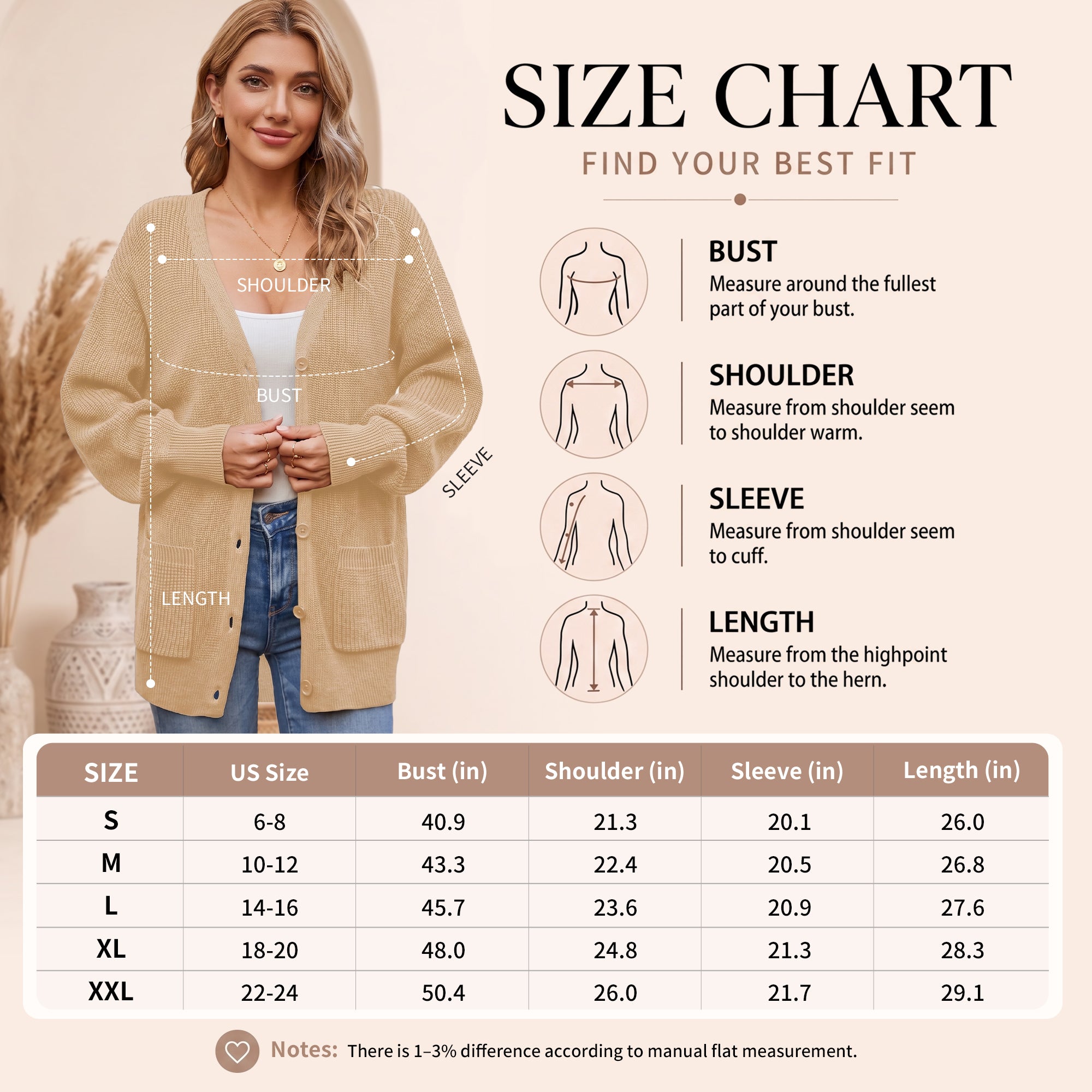 QUALFORT Cardigan Sweaters for Women, 100% Cotton Cardigan, V Neck Button Front Knit Sweater with Pockets, Long Sleeve Relaxed Fit Cardigan - Beige