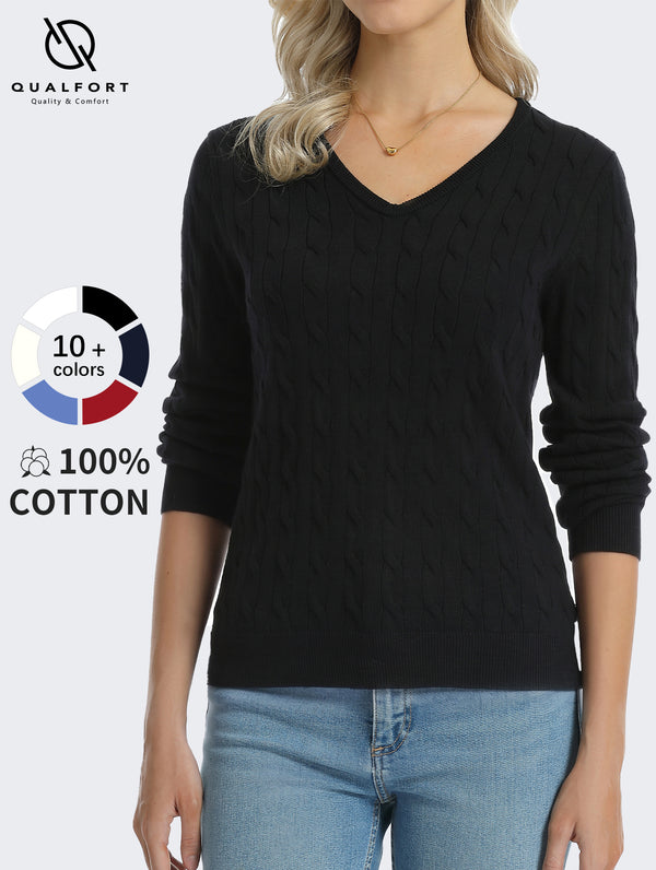 QUALFORT Women's 100% Cotton V-Neck Cable Knit Sweater, Lightweight Long Sleeve Pullover Sweater for Women