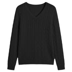 QUALFORT Women's 100% Cotton V-Neck Cable Knit Sweater, Lightweight Long Sleeve Pullover Sweater for Women - Black