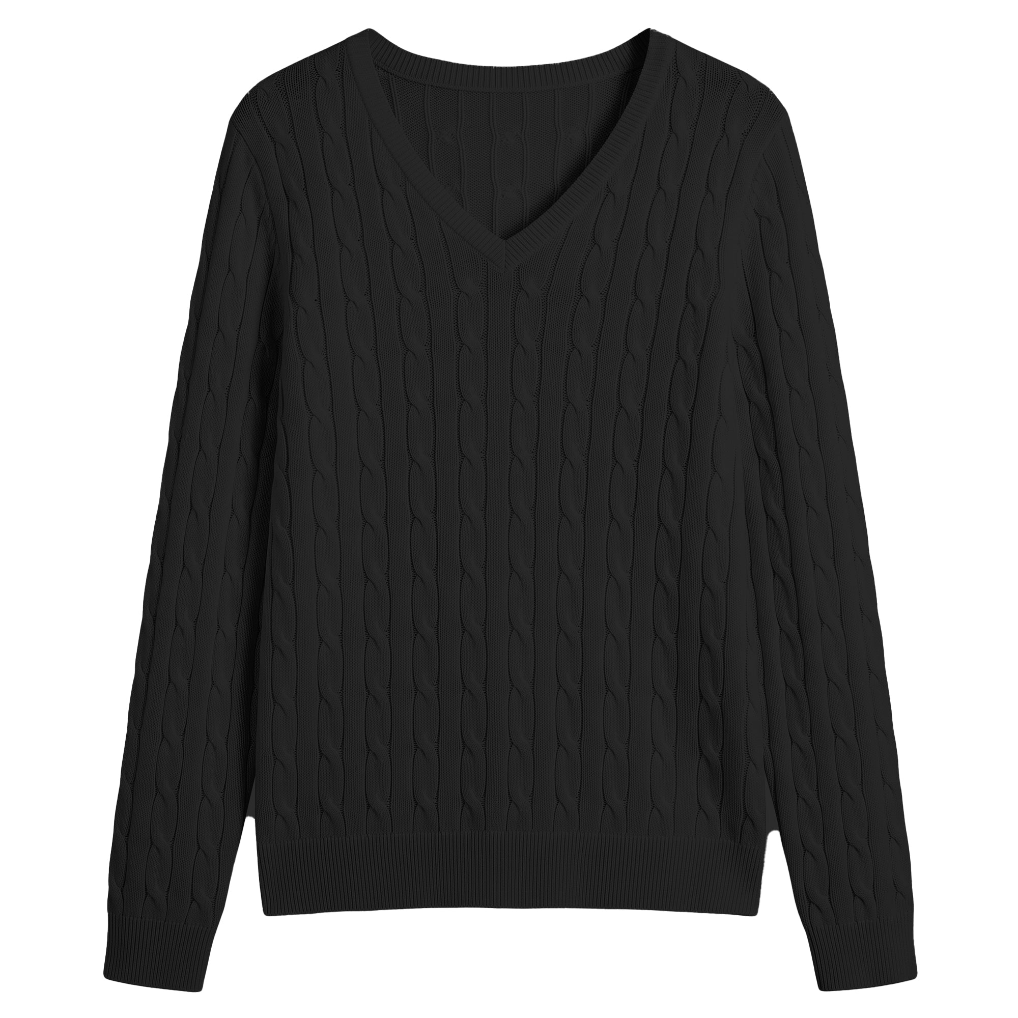 QUALFORT Women's 100% Cotton V-Neck Cable Knit Sweater, Lightweight Long Sleeve Pullover Sweater for Women - Black
