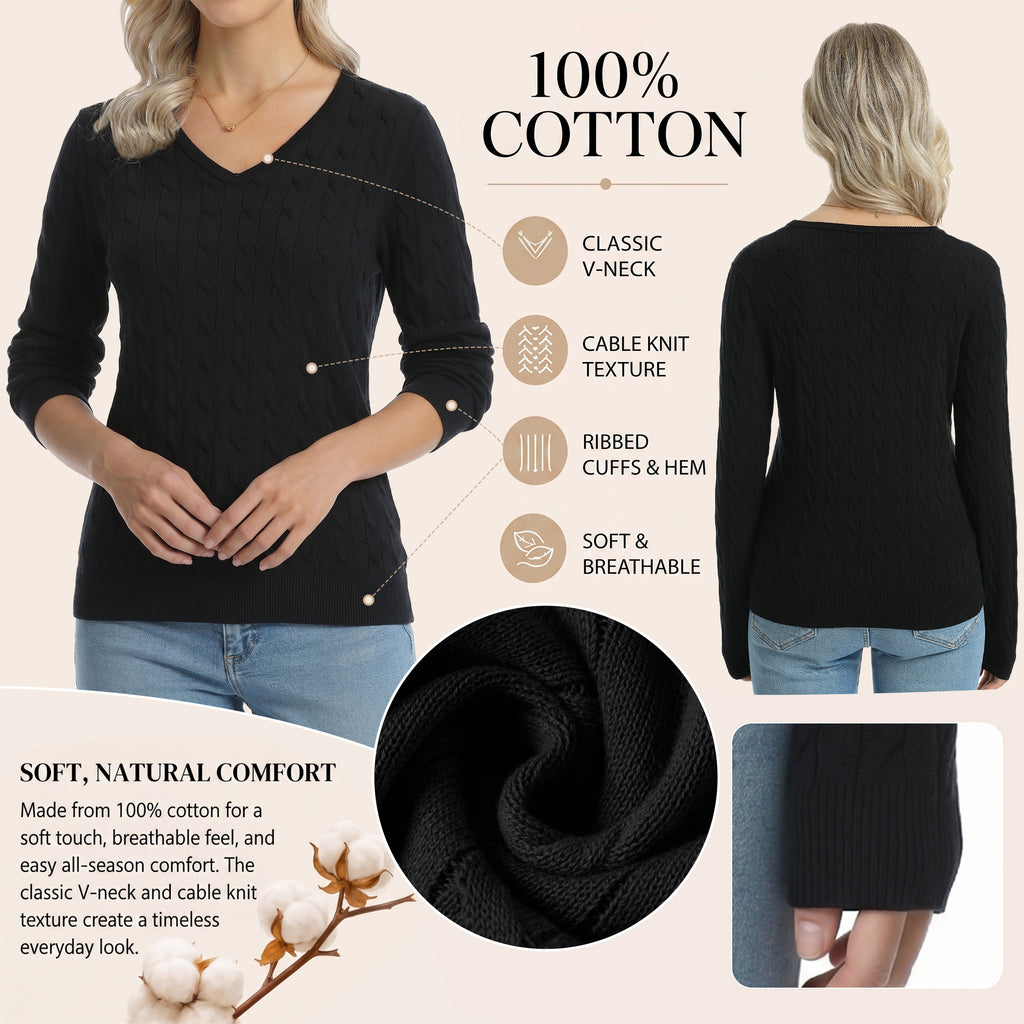QUALFORT Women's 100% Cotton V-Neck Cable Knit Sweater, Lightweight Long Sleeve Pullover Sweater for Women - Black