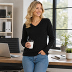 QUALFORT Women's 100% Cotton V-Neck Cable Knit Sweater, Lightweight Long Sleeve Pullover Sweater for Women - Black